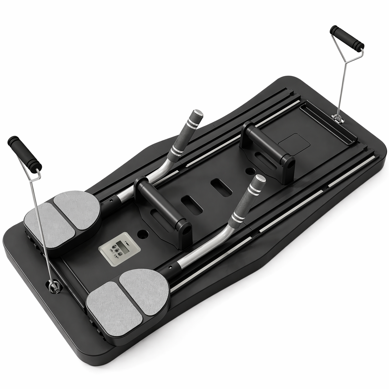 Black golf practice mat with golf clubs on a white background