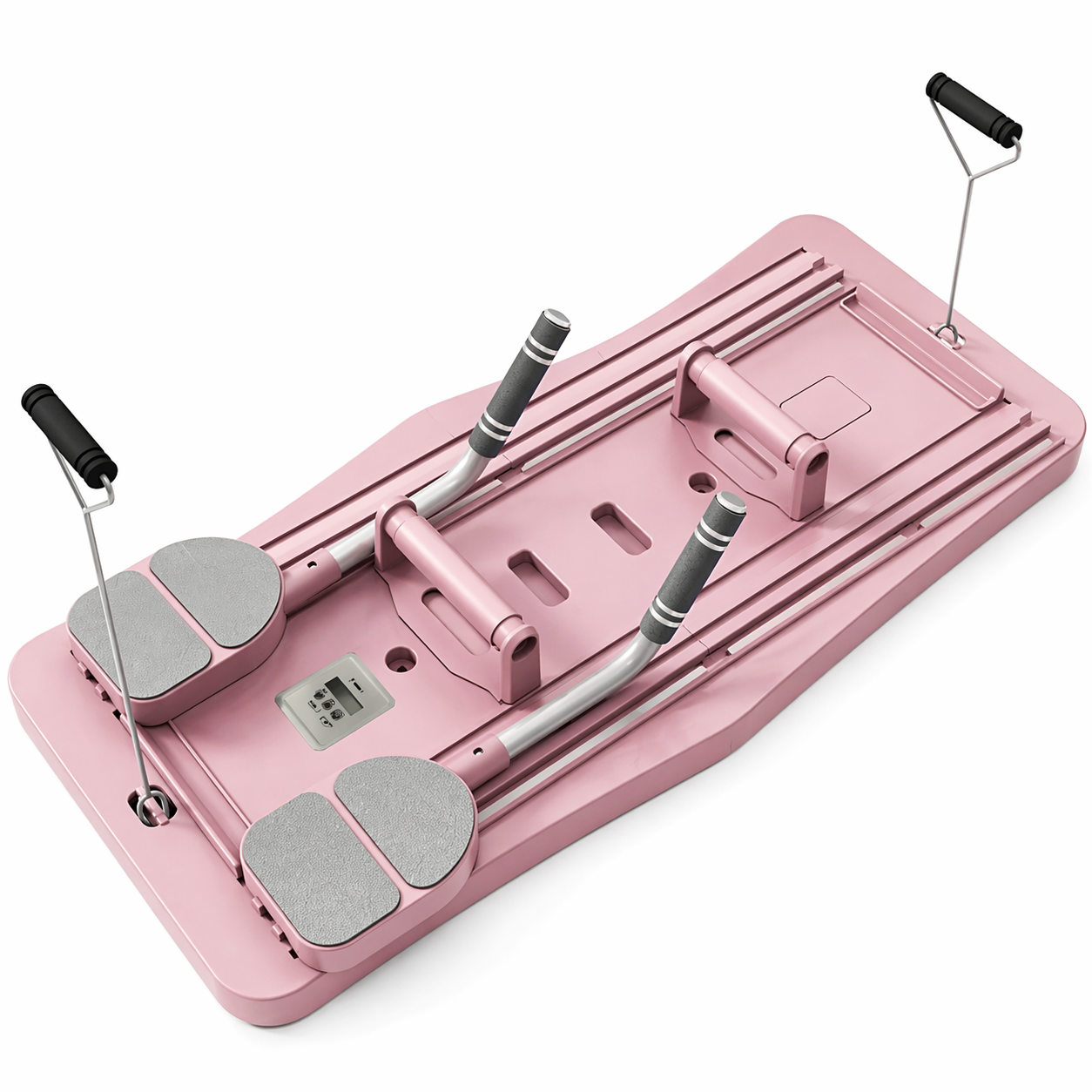 Pink exercise board with handles and gray pads on a white background