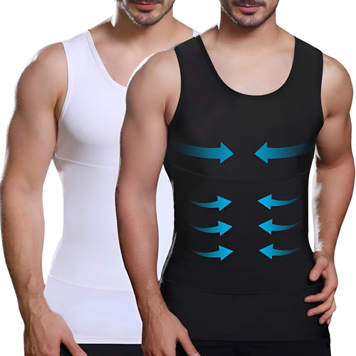 Two men wearing tank tops, one black with blue arrows and one white.