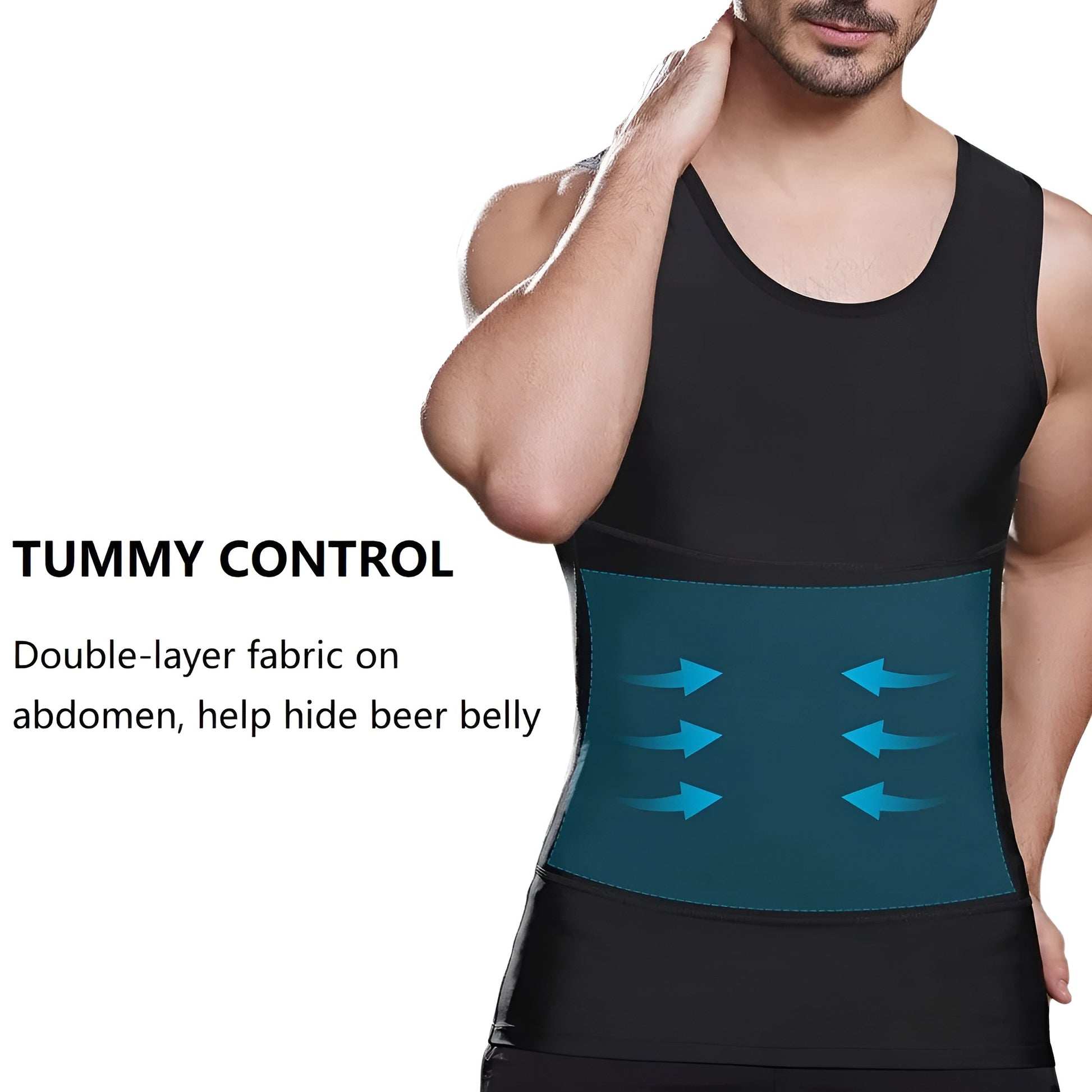 Man wearing a black and blue waist trainer with text on tummy control.