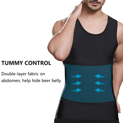 Man wearing a black and blue waist trainer with text on tummy control.
