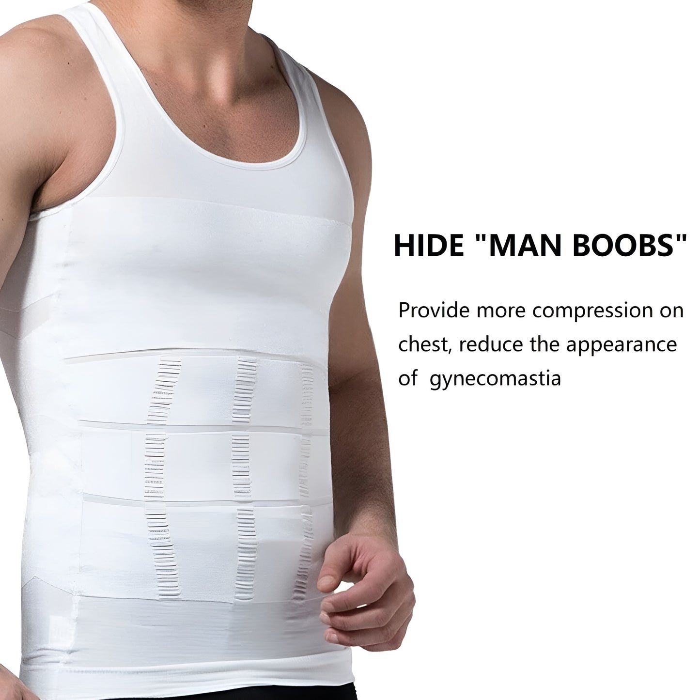 White compression tank top worn by a person, with text about reducing gynecomastia.